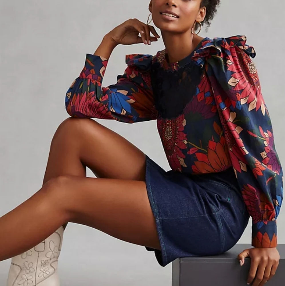 FARM Rio Navy Floral Puff-Sleeve Blouse with Red & Blue M